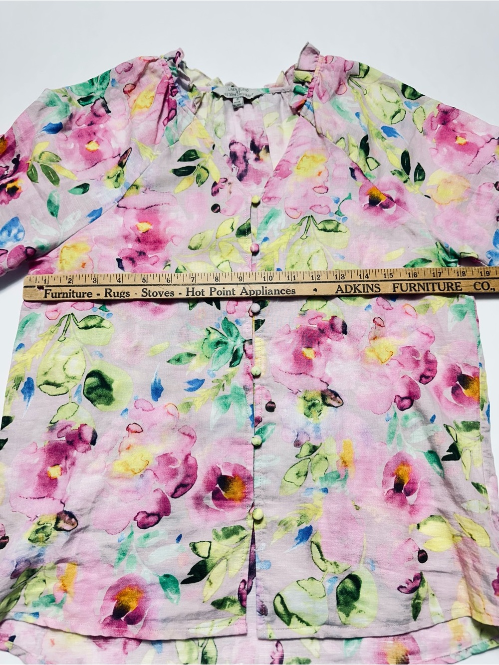 Linen Cotton Floral Blouse S Watercolor Cottagecore Romantic Boho Top - Picture 4 of 10